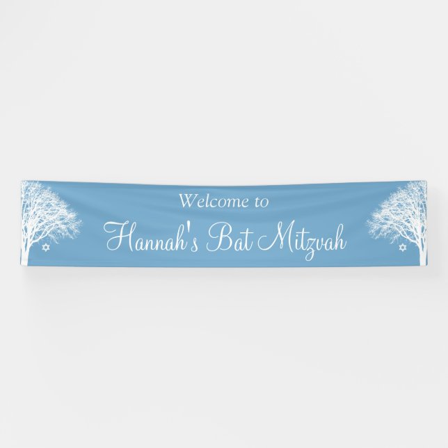 Winter Oak Tree Blue White Bat Mitzvah Banner (Horizontal)