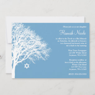 Winter Oak Tree Blue White Bat Mitzvah Invitations