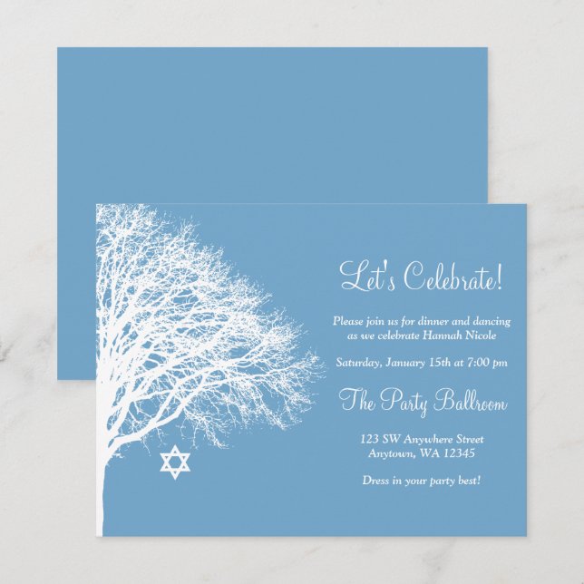 Winter Oak Tree Blue White Bat Mitzvah Reception Invitation (Front/Back)