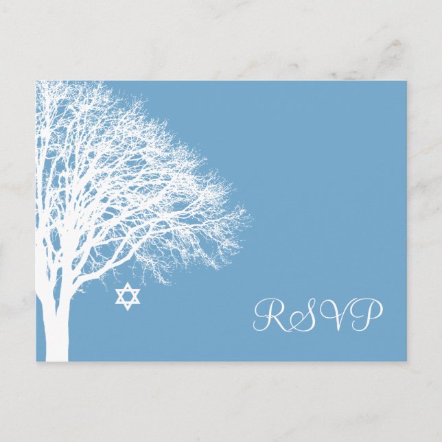 Winter Oak Tree Blue White Bat Mitzvah RSVP Invitation Postcard (Front)