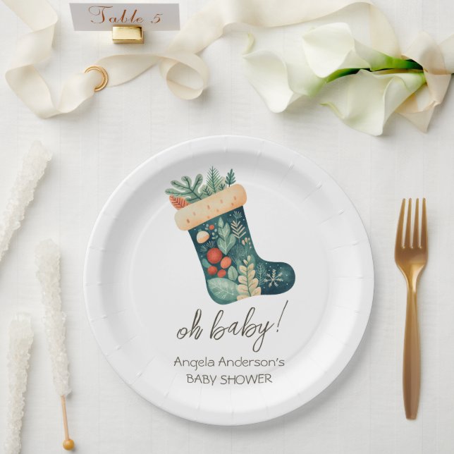 Winter Oh Baby Christmas Stocking Baby Shower Paper Plate (Wedding)