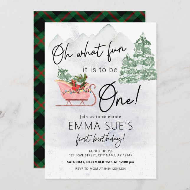 Winter Oh What fun Christmas Sleigh First Birthday Invitation (Front/Back)