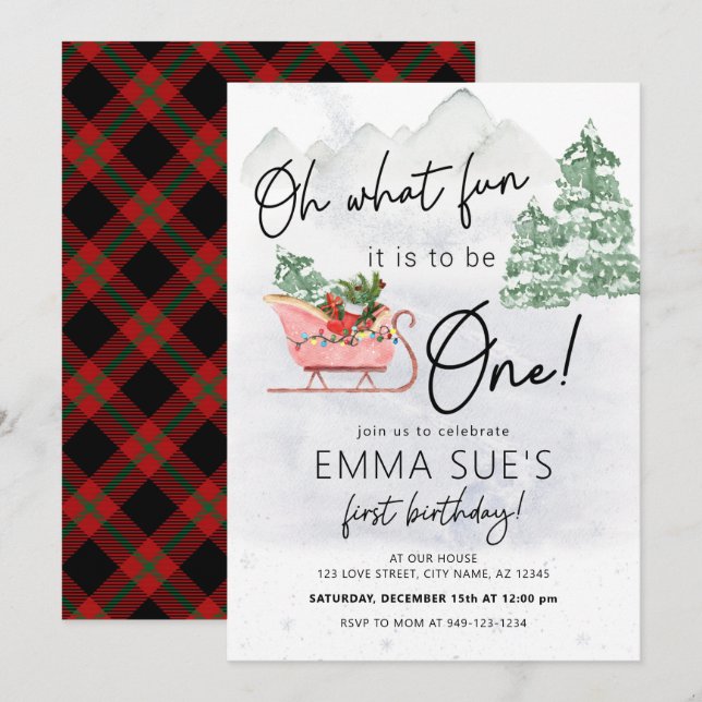 Winter Oh What fun Christmas Sleigh First Birthday Invitation (Front/Back)