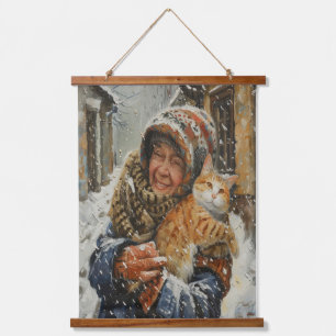 Winter Old Woman and Ginger Cat Hanging Tapestry