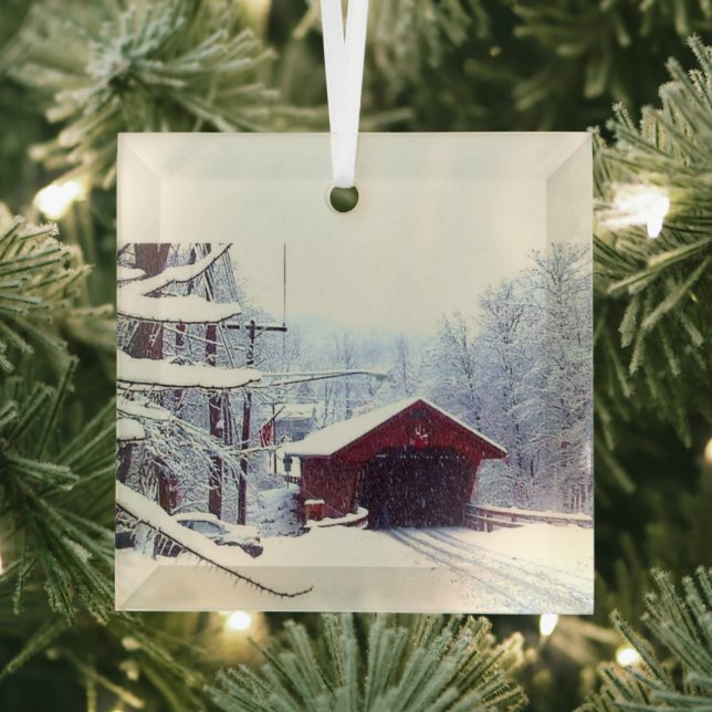 WINTER ON THE COVERED BRIDGE GLASS TREE DECORATION (Insitu)