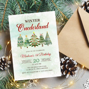 Winter Onderland Christmas Tree 1st Birthday Party Invitation