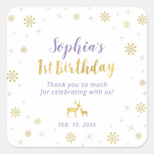 Winter onderland, Custom Gold, Purple 1st Birthday Square Sticker