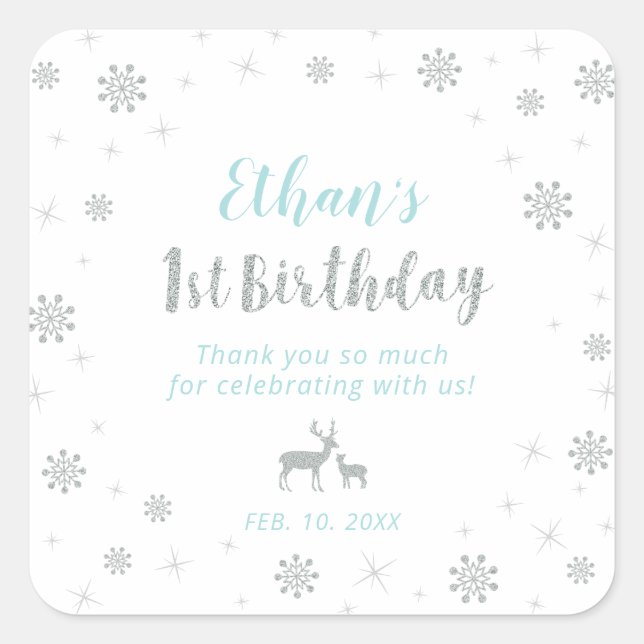 Winter onderland, Custom Silver Blue 1st Birthday Square Sticker (Front)