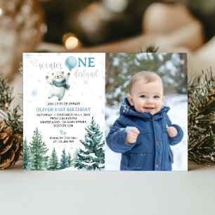 Winter Onderland Polar Bear 1st Birthday Photo Invitation