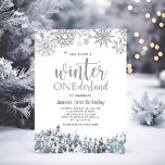 Winter Onderland Silver Snowflakes 1st Birthday Invitation<br><div class="desc">This invitation features a winter wonderland theme with silver snowflakes,  perfect for a winter birthday party. This invitation is a unique way to celebrate your child's first birthday. It's sure to stand out from other invitations and get your guests excited about the party.</div>