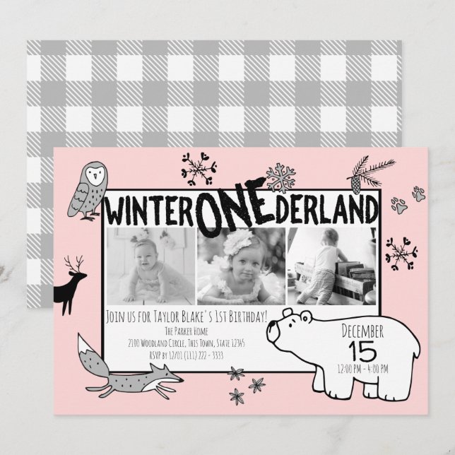 Winter One-derland 1st Birthday Tri Photo Woodland Invitation (Front/Back)