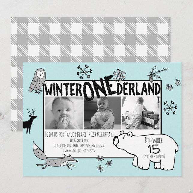 Winter One-derland 1st Birthday Tri Photo Woodland Invitation (Front/Back)