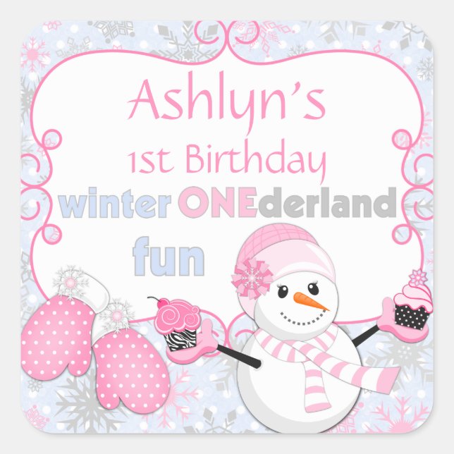 Winter One-derland First Birthday Snowman Mittens Square Sticker (Front)