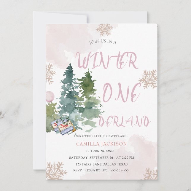 Winter ONE Derland Pink Girl 1st Birthday  Invitation (Front)