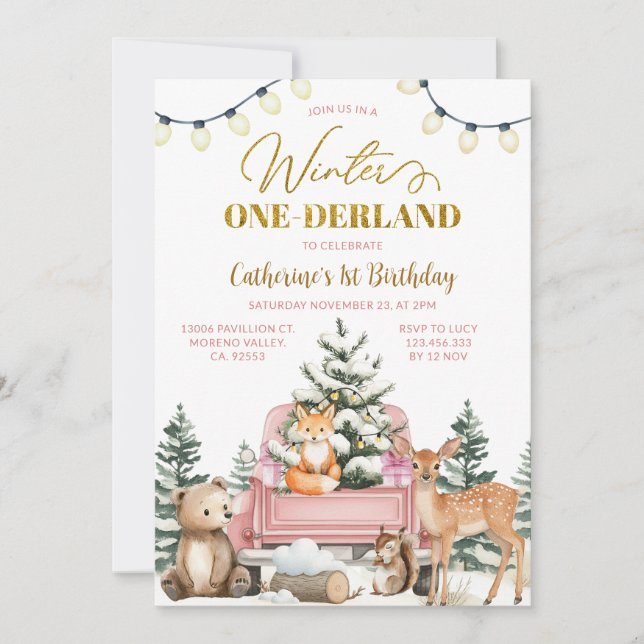 Winter ONE-derland Pink Truck Animals 1st Birthday Invitation (Front)