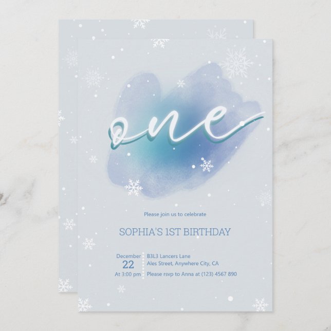 Winter One Frozen 1st Birthday Invitation Snowy (Front/Back)