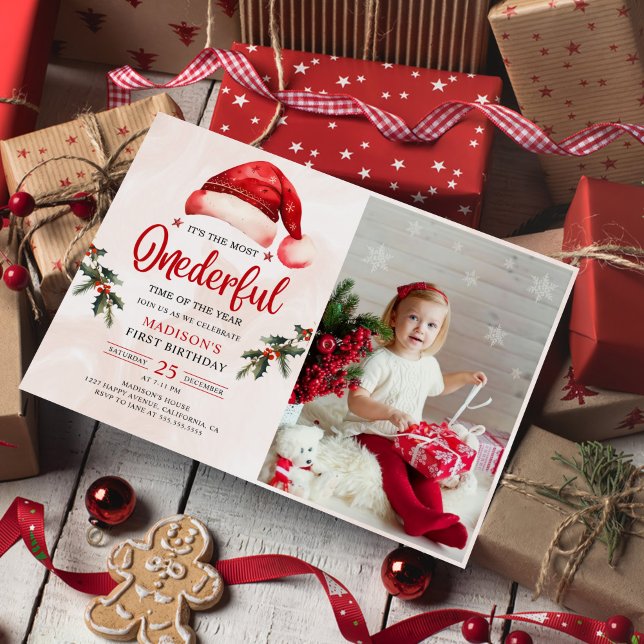 Winter Onederful Christmas Santa Hat Birthday Invitation (Creator Uploaded)