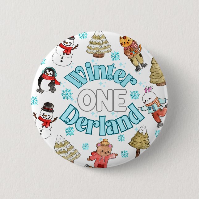Winter onederland 1st birthday  6 cm round badge (Front)