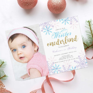 Winter Onederland 1st Birthday Baby Girl photo Invitation