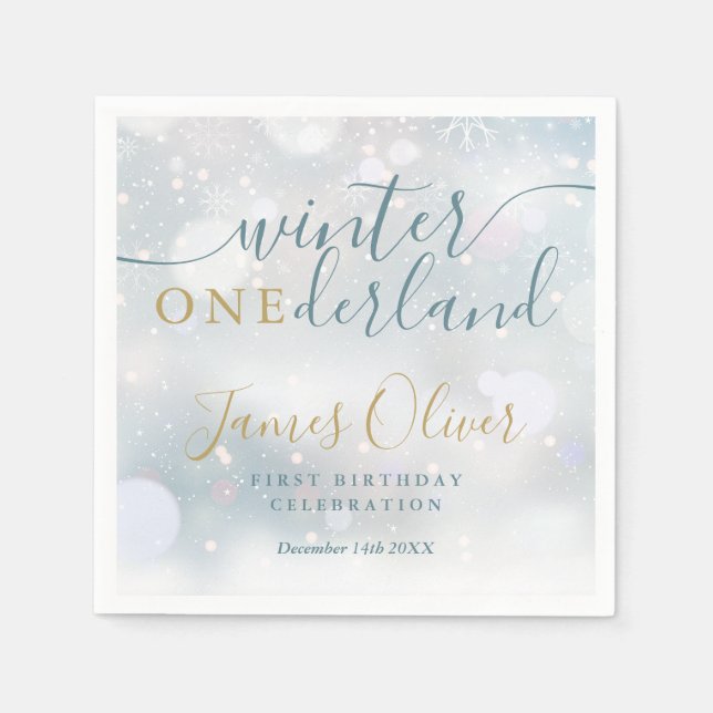 Winter Onederland 1st Birthday Blue And Gold Napkin (Front)