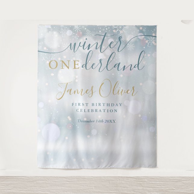 Winter Onederland 1st Birthday Blue And Gold Tapestry (Front)