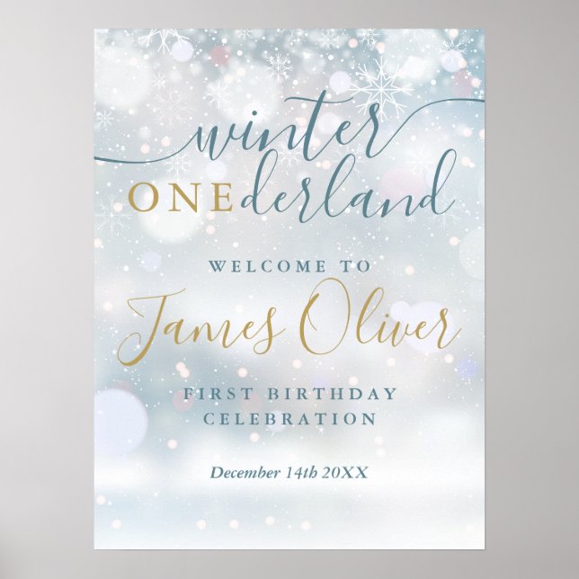 Winter Onederland 1st Birthday Blue Gold Welcome Poster (Front)