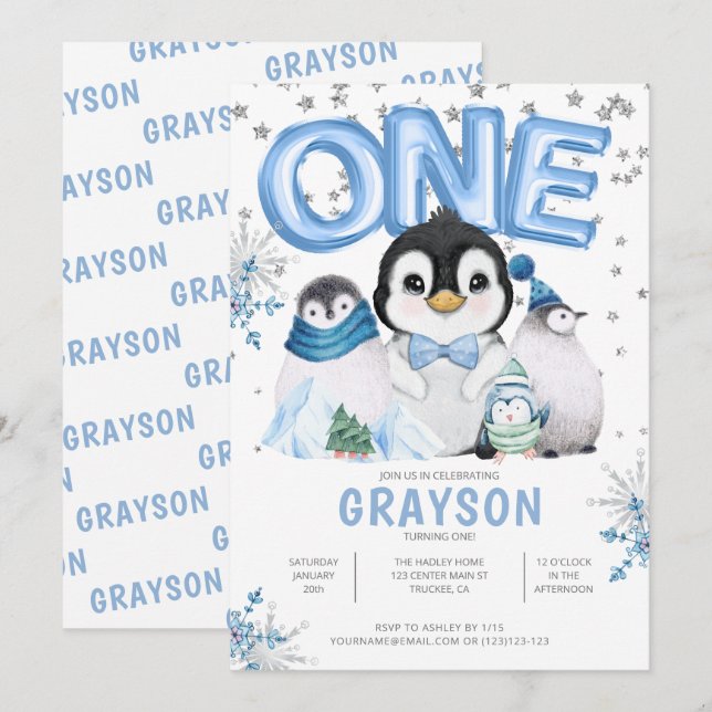 Winter Onederland 1st Birthday Blue Invitation (Front/Back)