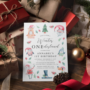 Winter ONEderland 1st Birthday Cute Watercolor Invitation