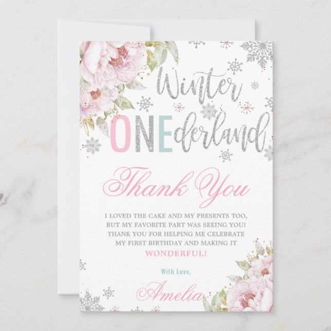 Winter ONEderland 1st Birthday Floral Silver Snows Thank You Card (Front)