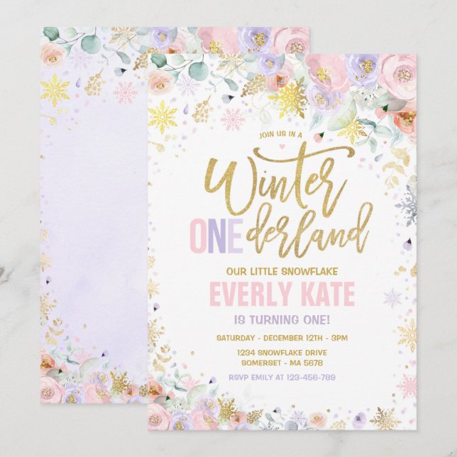 Winter ONEderland 1st Birthday Gold Lilac Pink Invitation (Front/Back)