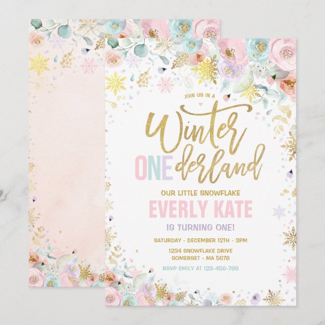 Winter ONEderland 1st Birthday Gold Lilac Pink Invitation (Front/Back)