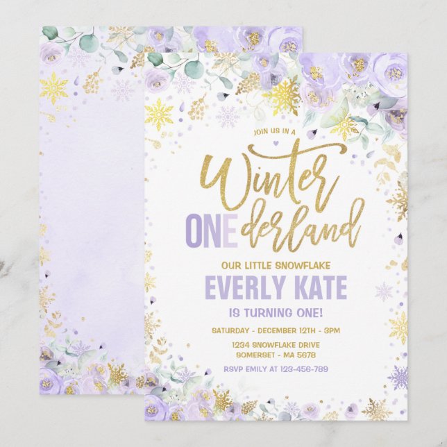 Winter ONEderland 1st Birthday Gold Lilac Purple Invitation (Front/Back)