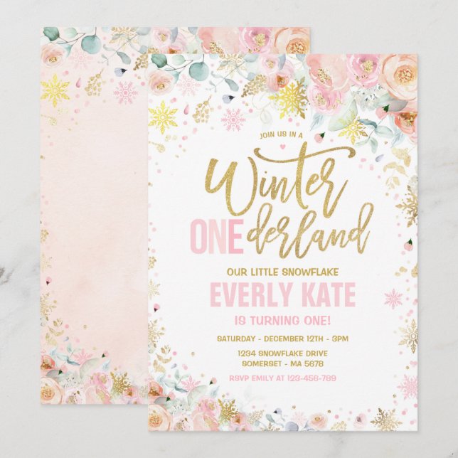 Winter ONEderland 1st Birthday Gold Pink Peach Invitation (Front/Back)