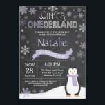 Winter Onederland 1st Birthday Invitation<br><div class="desc">Winter Onederland 1st Birthday Invitation. Penguin. Purple Lilac Lavender and White Snowflake. First Birthday. Girl 1st Bday Invite. Chalkboard Background. Black and White. For further customisation,  please click the "Customise it" button and use our design tool to modify this template.</div>