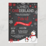 Winter Onederland 1st Birthday Invitation<br><div class="desc">Winter Onederland 1st Birthday Invitation. Snowman and Penguin. Red and White Snowflake. First Birthday. Boy or Girl 1st Bday Invite. Chalkboard Background. Black and White. For further customisation,  please click the "Customise it" button and use our design tool to modify this template.</div>