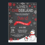 Winter Onederland 1st Birthday Invitation<br><div class="desc">Winter Onederland 1st Birthday Invitation. Snowman and Penguin. Red and White Snowflake. First Birthday. Boy or Girl 1st Bday Invite. Chalkboard Background. Black and White. For further customisation,  please click the "Customise it" button and use our design tool to modify this template.</div>