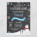 Winter Onederland 1st Birthday Invitation<br><div class="desc">Winter Onederland 1st Birthday Invitation. Snowman and Penguin. Blue and White Snowflake. First Birthday. Boy 1st Bday Invite. Chalkboard Background. Black and White. For further customisation,  please click the "Customise it" button and use our design tool to modify this template.</div>