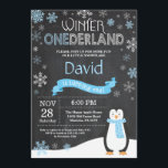 Winter Onederland 1st Birthday Invitation<br><div class="desc">Winter Onederland 1st Birthday Invitation. Penguin. Blue and White Snowflake. First Birthday. Boy 1st Bday Invite. Chalkboard Background. Black and White. For further customisation,  please click the "Customise it" button and use our design tool to modify this template.</div>