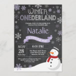 Winter Onederland 1st Birthday Invitation<br><div class="desc">Winter Onederland Snowman 1st Birthday Invitation. Baby Girl. Purple Lilac Lavender and White Snowflake. First Birthday. Girl 1st Bday Invite. Chalkboard Background. Black and White. For further customisation,  please click the "Customise it" button and use our design tool to modify this template.</div>