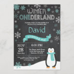 Winter Onederland 1st Birthday Invitation<br><div class="desc">Winter Onederland 1st Birthday Invitation. Penguin. Aqua Teal Turquoise and White Snowflake. First Birthday. Boy or Girl 1st Bday Invite. Chalkboard Background. Black and White. For further customisation,  please click the "Customise it" button and use our design tool to modify this template.</div>