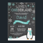 Winter Onederland 1st Birthday Invitation<br><div class="desc">Winter Onederland 1st Birthday Invitation. Penguin. Aqua Teal Turquoise and White Snowflake. First Birthday. Boy or Girl 1st Bday Invite. Chalkboard Background. Black and White. For further customisation,  please click the "Customise it" button and use our design tool to modify this template.</div>