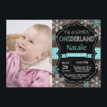 Winter Onederland 1st Birthday Invitation<br><div class="desc">Winter Onederland Boy or Girl 1st Birthday Invitation with custom photo. Aqua Teal Turquoise and White Snowflake. First Birthday. Boy or Girl 1st Bday Invite. Rustic Wood Chalkboard Background. Black and White. Aqua Teal Turquoise Ribbon. For further customisation, please click the "Customise it" button and use our design tool to...</div>