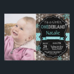 Winter Onederland 1st Birthday Invitation<br><div class="desc">Winter Onederland Boy or Girl 1st Birthday Invitation with custom photo. Aqua Teal Turquoise and White Snowflake. First Birthday. Boy or Girl 1st Bday Invite. Rustic Wood Chalkboard Background. Black and White. Aqua Teal Turquoise Ribbon. For further customisation, please click the "Customise it" button and use our design tool to...</div>