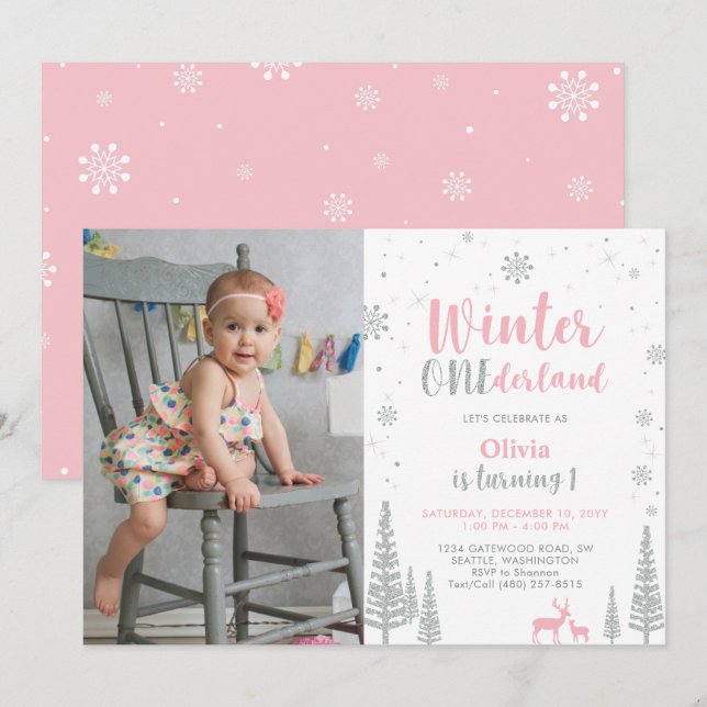 Winter Onederland 1st Birthday Invitation - Girl (Front/Back)