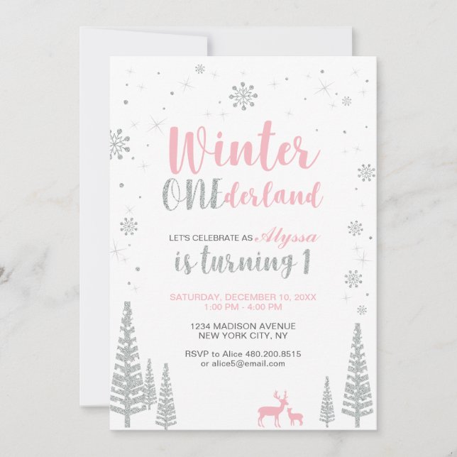 Winter Onederland 1st Birthday Invitation - Girl (Front)