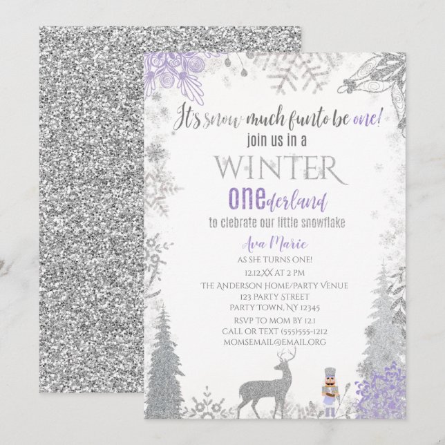 Winter Onederland 1st Birthday Lavender Snowflake Invitation (Front/Back)