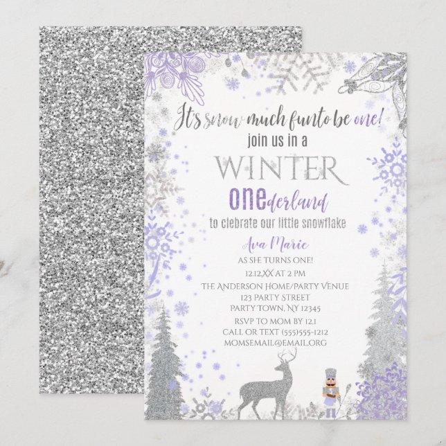 Winter Onederland 1st Birthday Lavender Snowflake  Invitation (Front/Back)
