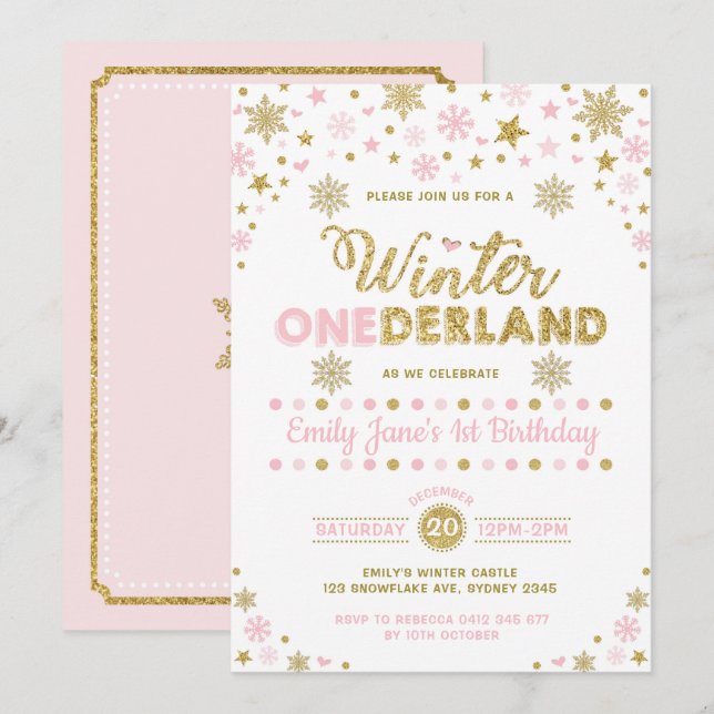 Winter ONEderland 1st birthday Party Pink Gold Invitation (Front/Back)