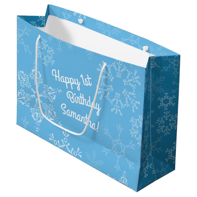 Winter Onederland 1st Birthday Party Snowflakes Large Gift Bag (Front Angled)