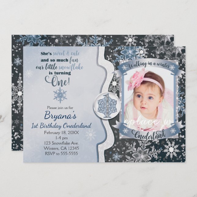 Winter Onederland 1st Birthday Photo Invitations (Front/Back)